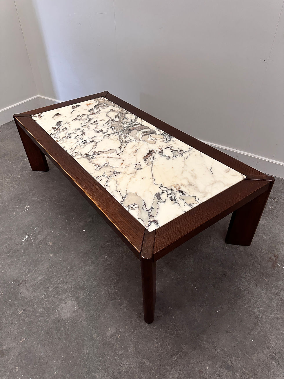Large 1970s Belgian Oak Coffee Table with Breccia Marble Top – Signed and Dated