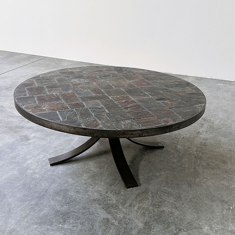 Thumbnail: 1970s Round Slate Stone Mosaic Coffee Table with Sculptural Metal Base