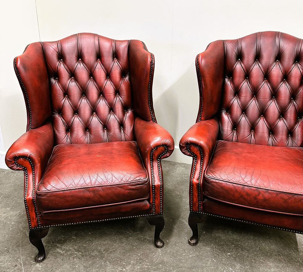 Thumbnail: Stunning Pair Of MidCent. Chesterfield Wing Back Chairs In Striking Burgundy Red