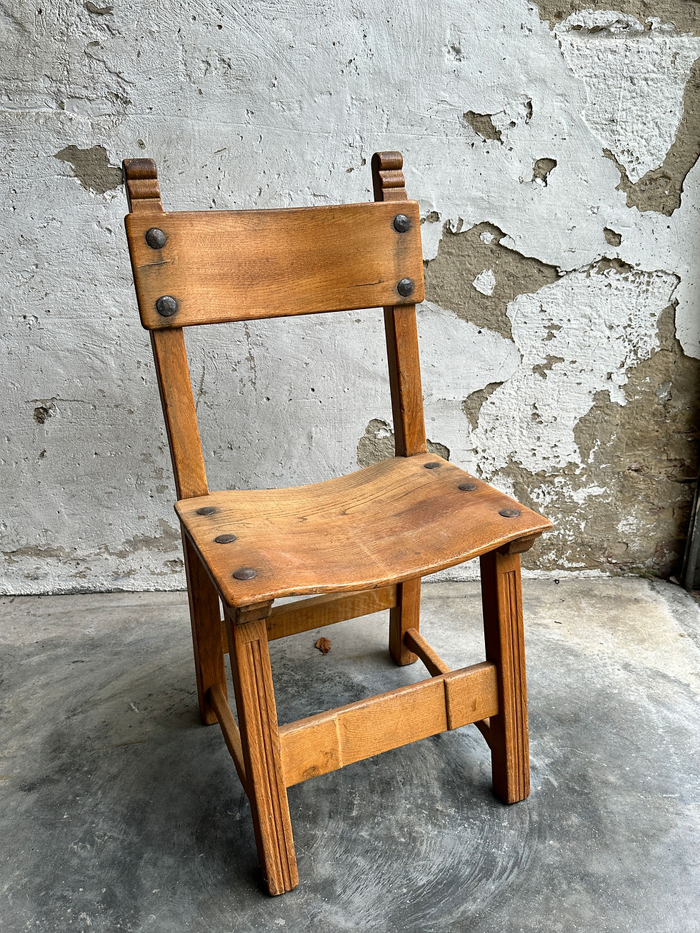 Thumbnail: Set of 6 Oak Distressed Spanish Dining Chairs, 1950s.