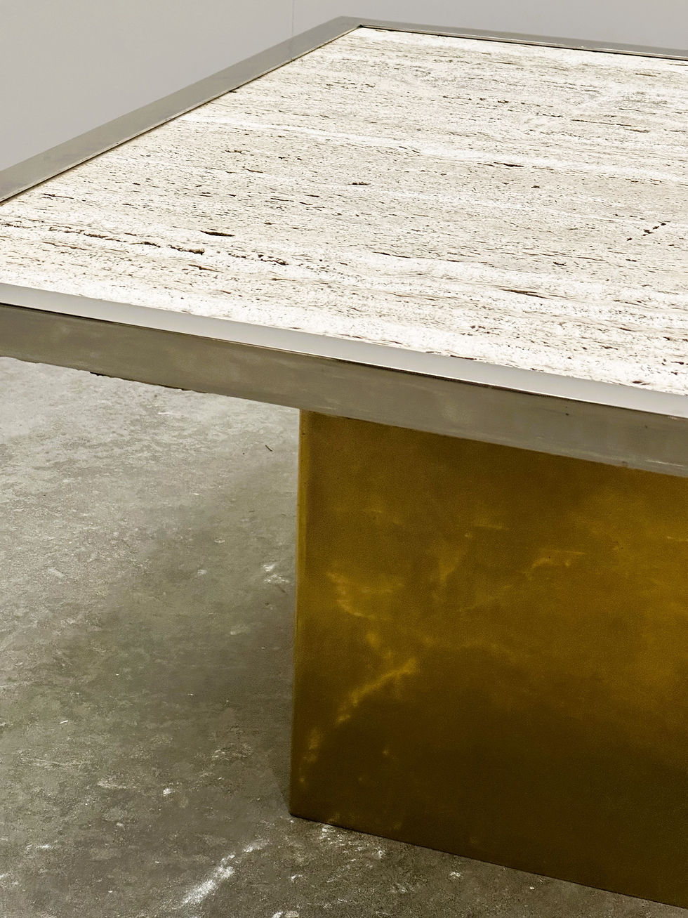 Thumbnail: Brute Travertin Coffee Table with Brass Base and Chrome Edges, France 1970s.