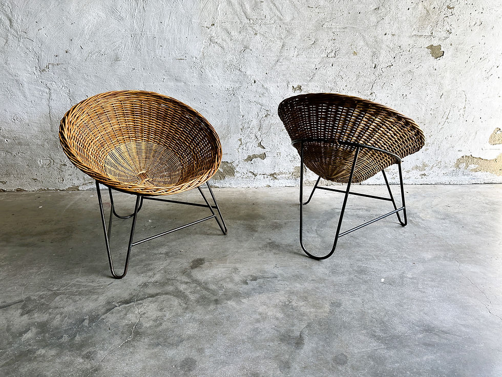 Thumbnail: Pair of rattan basket chairs on hairpin legs, France 1950s.