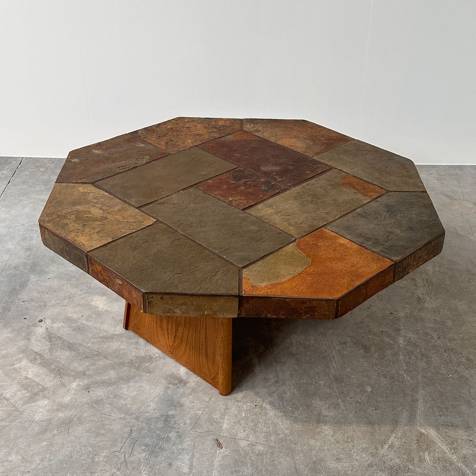 Thumbnail: Large Vintage Slate Mosaic Coffee Table, Oak Pedestal Base, Brutalist Octagonal