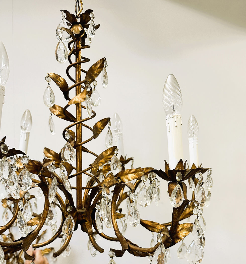 Thumbnail: Vintage Gold Leaf Crystal Chandelier with 6 lights, 1950s.