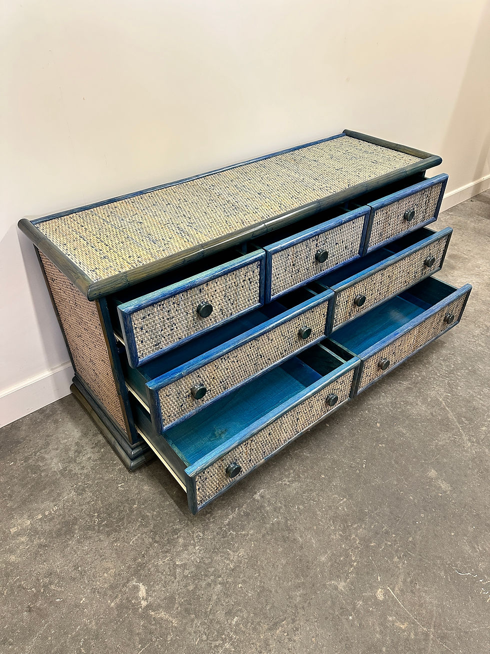 Thumbnail: Vintage Blue Rattan Chest of Drawers by Maugrion, France 1970s