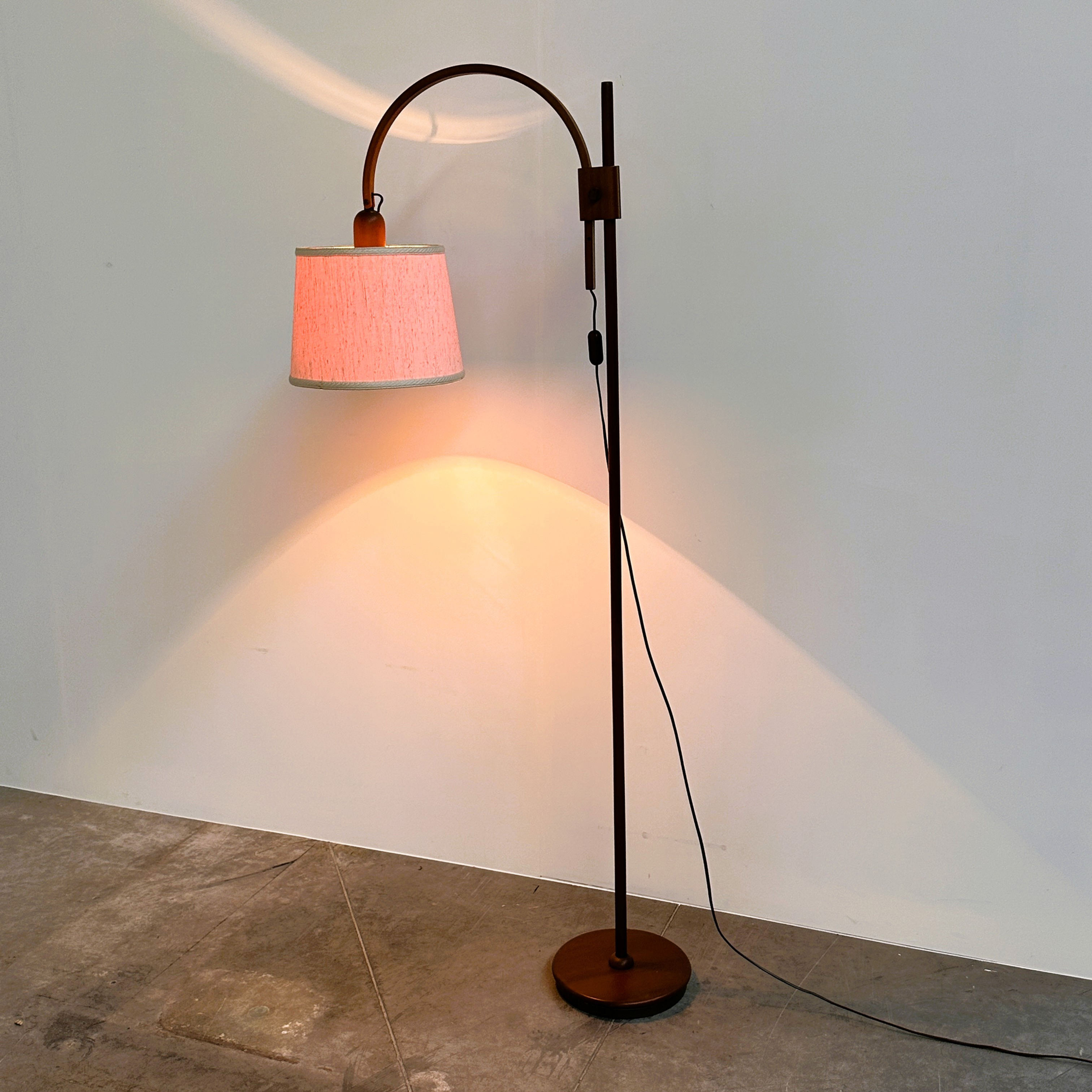 Mid-Century Modern Adjustable Teak Arc Floor Lamp with Fabric Shade, 1960s