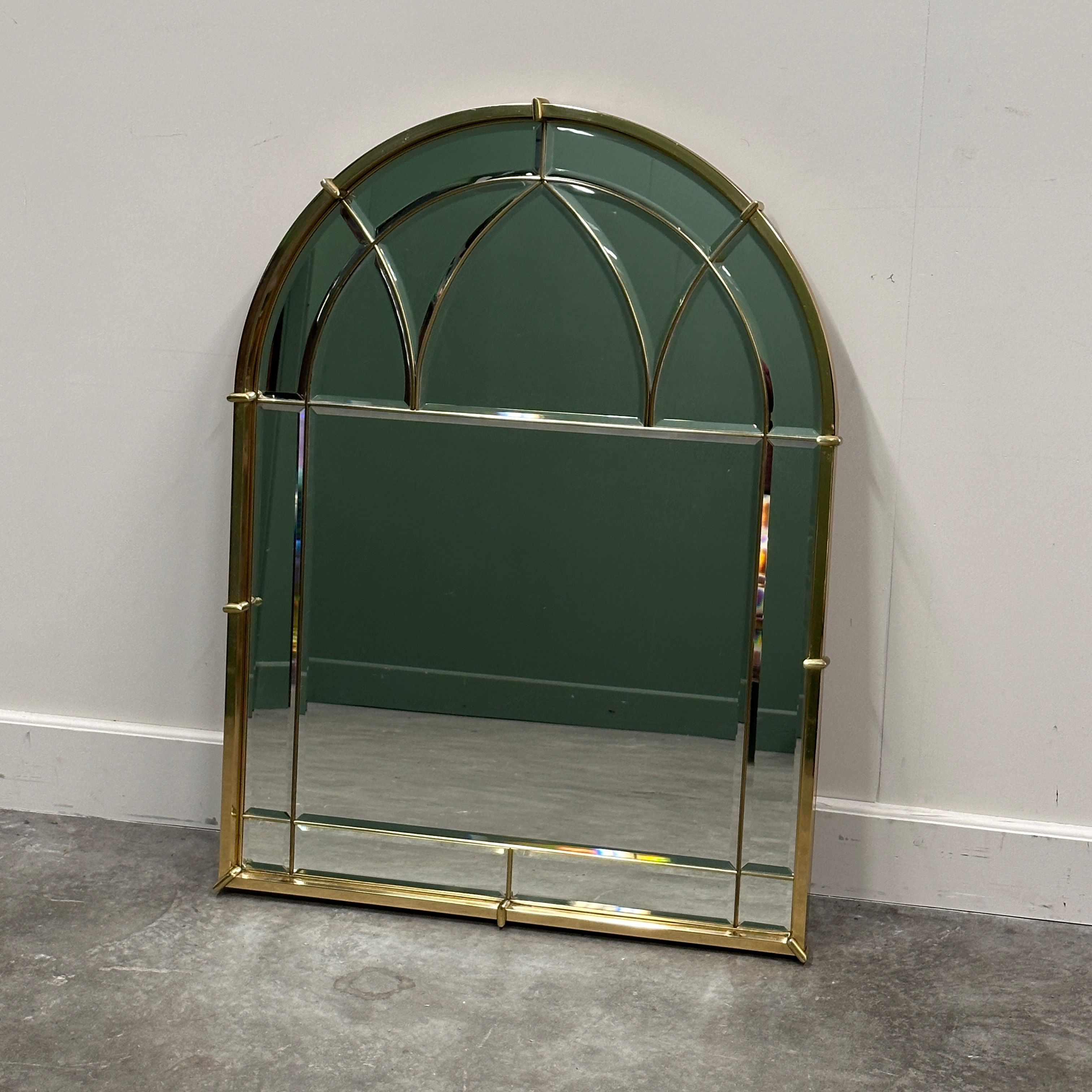 Vintage 1970s Brass Arched Cathedral Mirror – Bevelled Glass Wall Mirror
