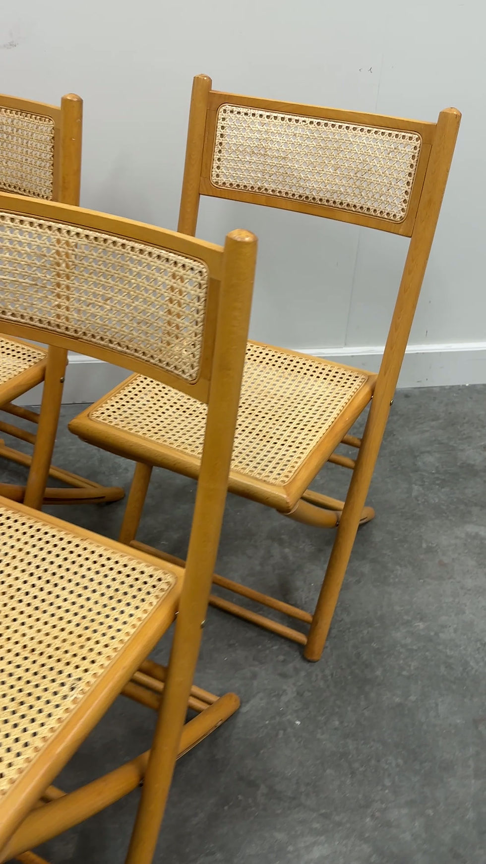 Thumbnail: Rare Set of Four Belgian Folding Chairs in Solid Wood and Hand-Woven Cane, Mid-C