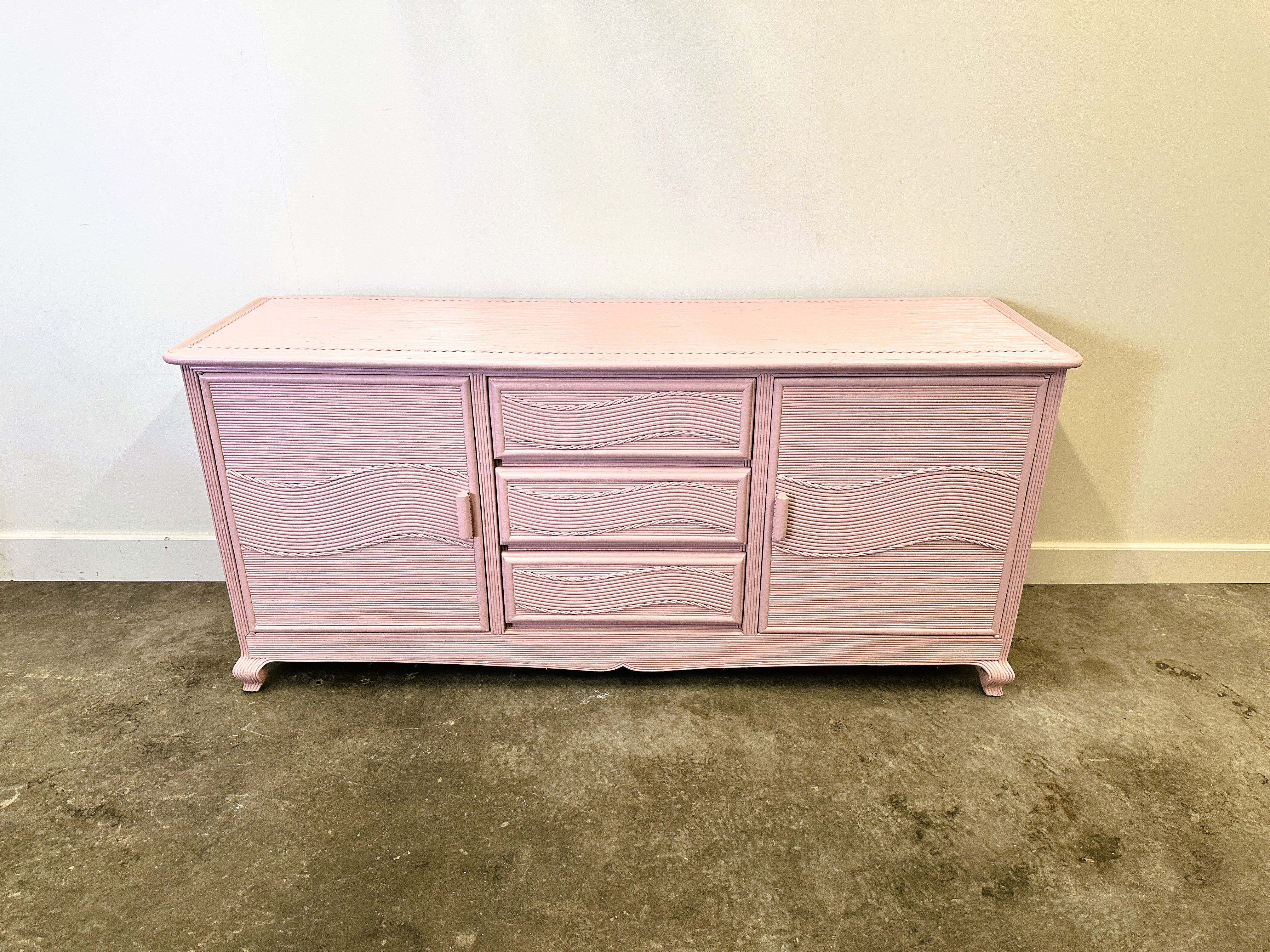 Vintage Pink Pencil Reed Rattan bamboo Sideboard, France 1980s.