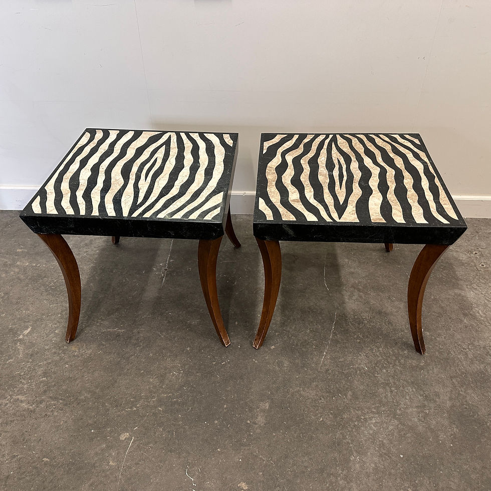 Striking Pair of Italian Zebra Inlaid Tessellated Stone Tables with Refined Curv