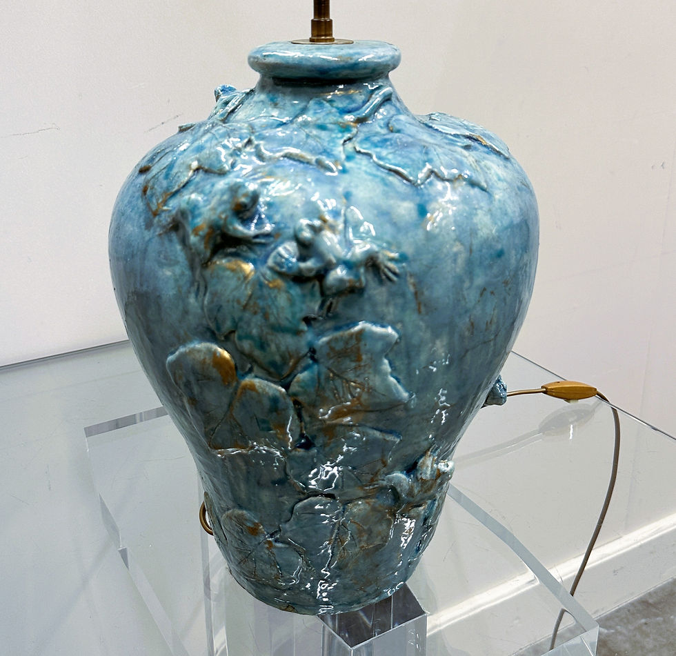 Handmade French Ceramic Lamp with Ivy & Frogs in Turquoise Glaze with Gold Accen