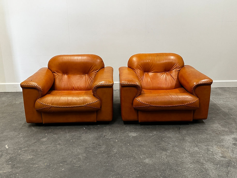 Thumbnail: Pair of De Sede DS-101 Cognac Leather Armchairs with Iconic Baseball Stitching –