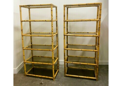 Pair Of Large Midcentury Bamboo Etagere Display Shelving Units, 1970s.