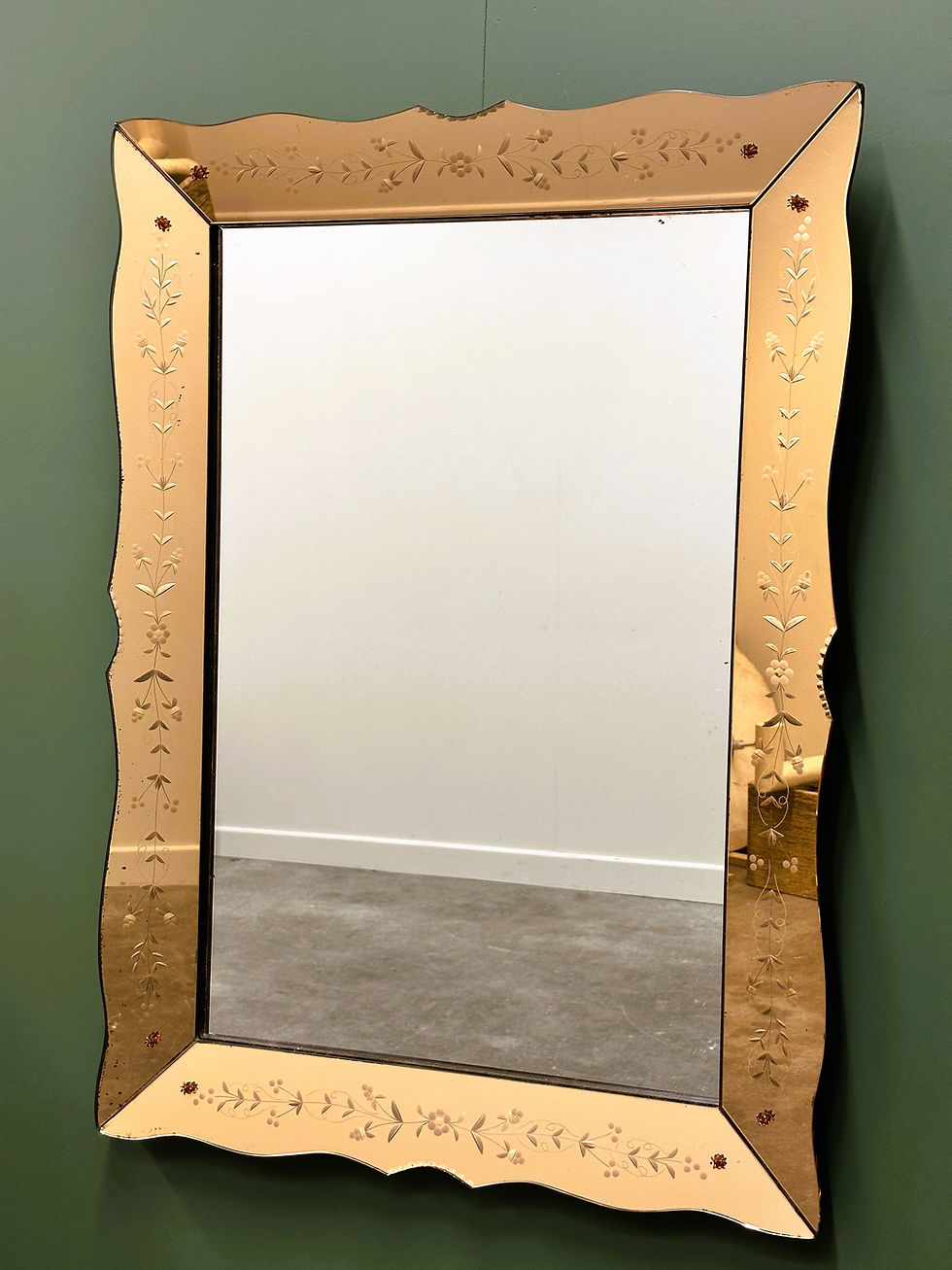 Large Antique 1940's Peach Etched Venetian Flower Petal Mirror, France.