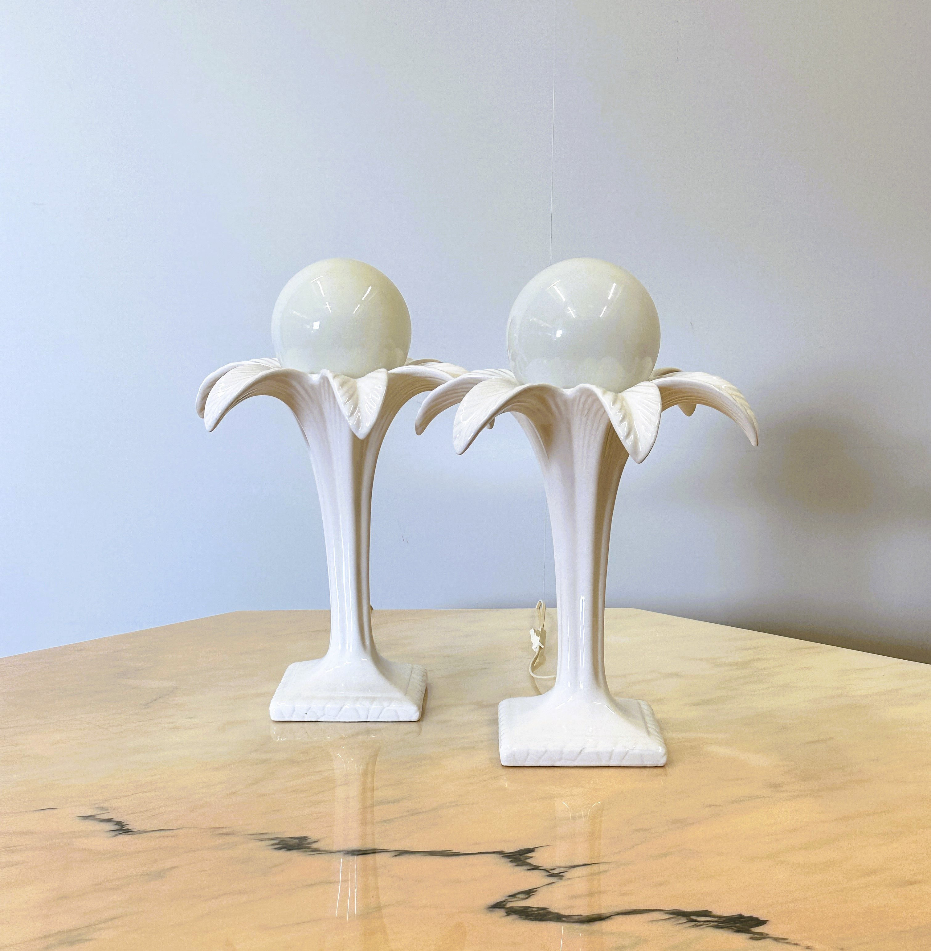 Pair of White Ceramic Palm Tree Lamps by Michael Andersen, 1970s.