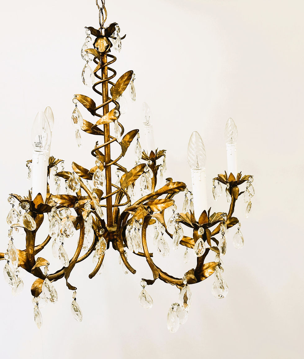 Thumbnail: Vintage Gold Leaf Crystal Chandelier with 6 lights, 1950s.