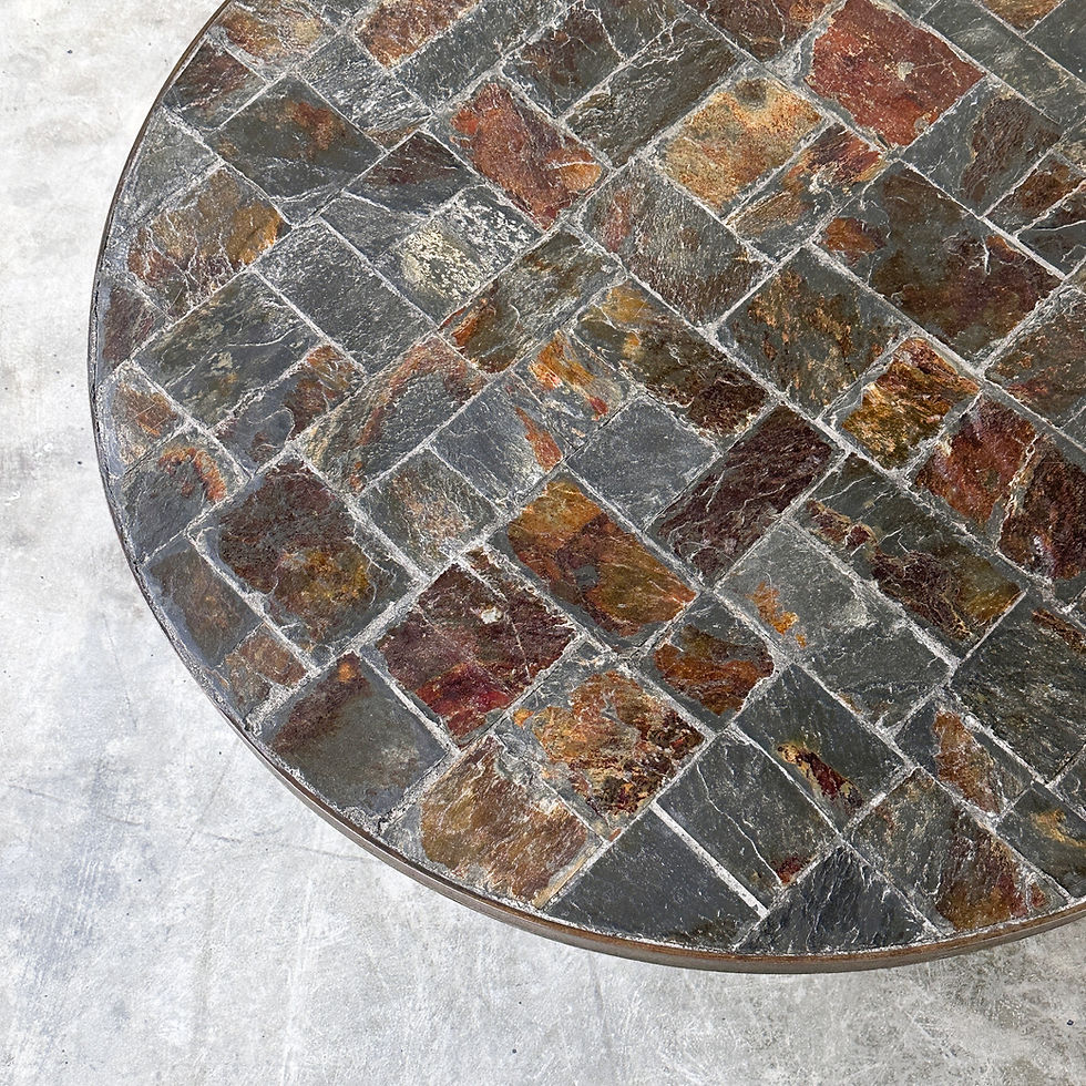Thumbnail: 1970s Round Slate Stone Mosaic Coffee Table with Sculptural Metal Base
