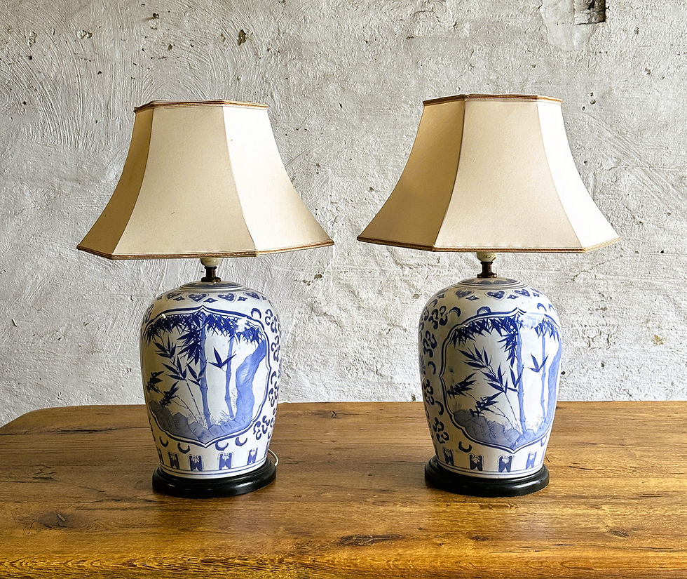Thumbnail: Vintage Pair of Blue and White Ceramic Chinoiserie Lamps. Very decorative pair o