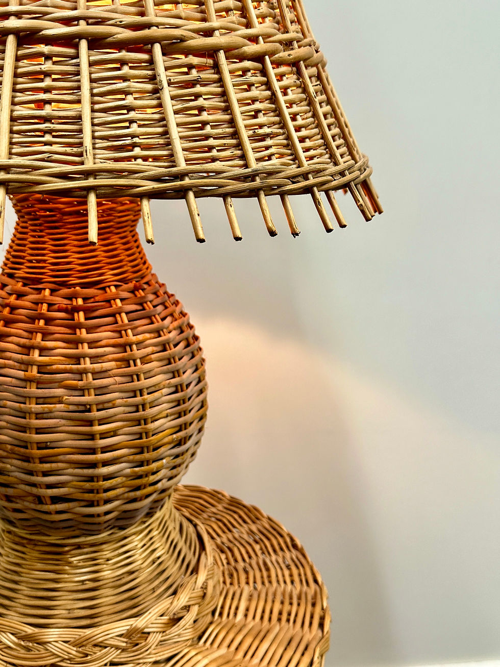 Thumbnail: French Vintage Rattan Table Lamp on its Rattan Tripod Table, France 1960s.