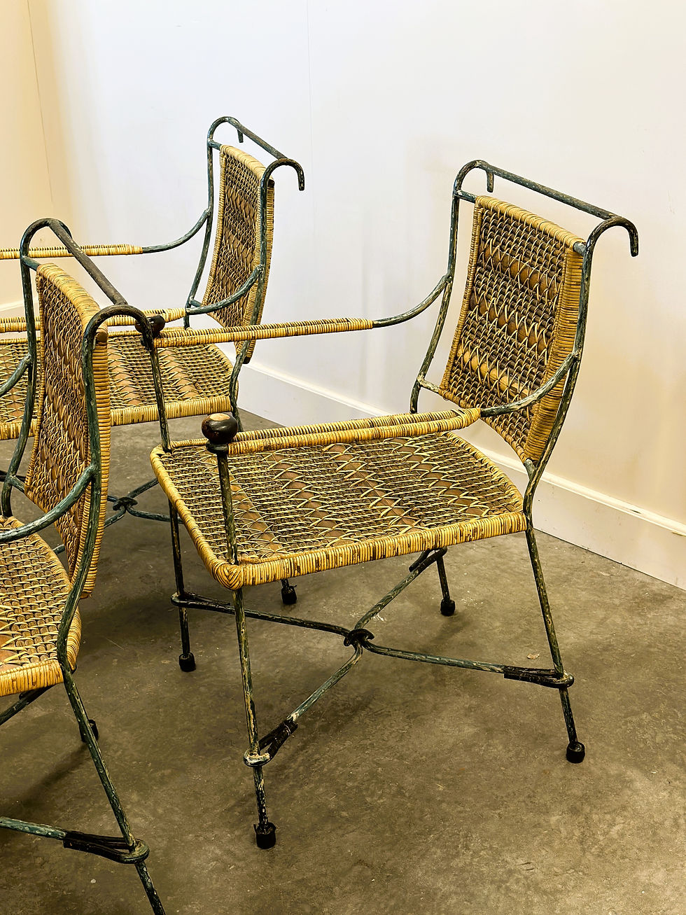Thumbnail: Set of 4 Vintage Wicker and Wrought Iron Patio Chairs, 1970s France.