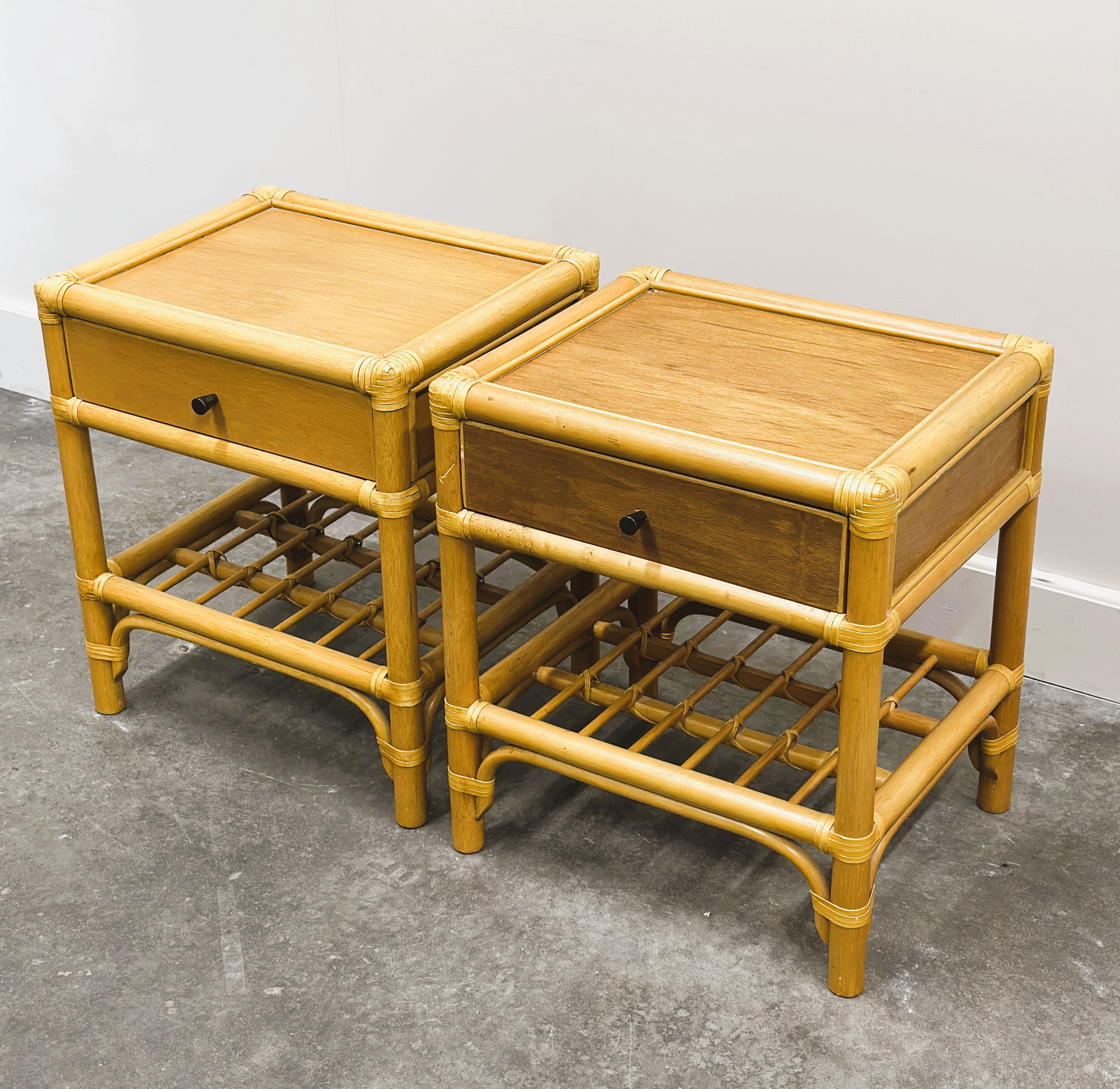 Vintage Pair of French Bamboo Bedside Tables with Brass Knobs, 1970s