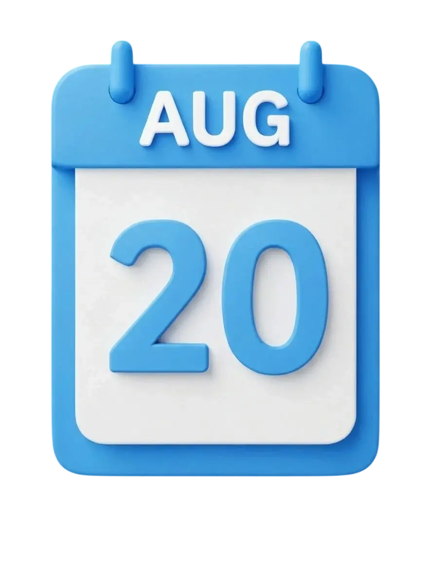 3D render of a calendar page showing August 20. The design is clean and minimalist, highlighting a specific date.