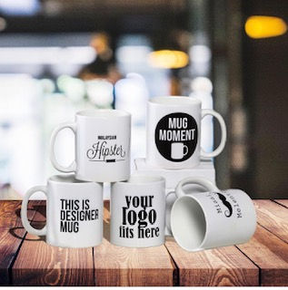 Custom sublimation coffee mugs with personalized text and logos
