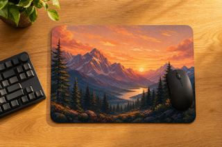 Custom mouse pad with mountain sunset landscape illustration.