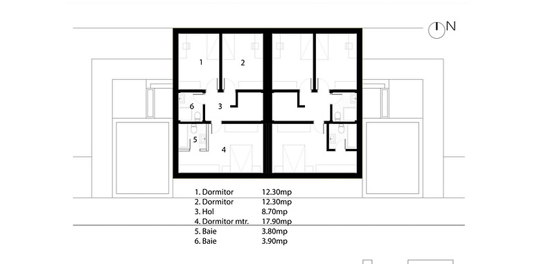 Plan etaj - Casa din lemn tip duplex pe 2 niveluri in sistem timberframe si la standard nZEB - Miradex.ro