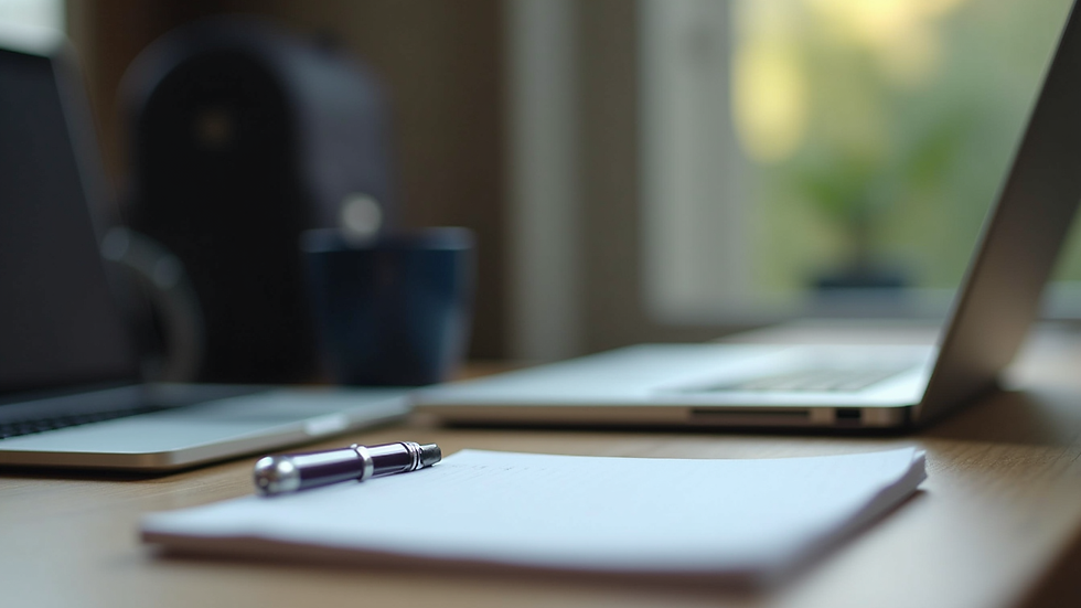 Eye-level view of a workspace with a laptop and notepad