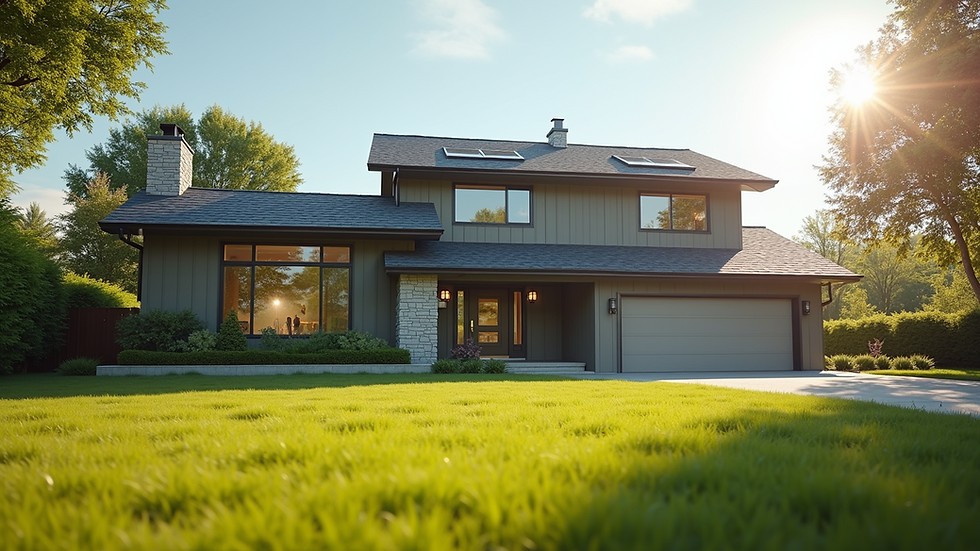 Eye-level view of a modern family home with a spacious front yard