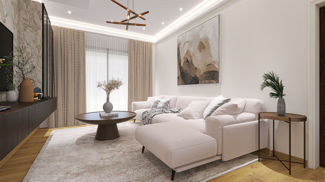Modern living room white sofa with light brown wooden floors and brown coffee table neutral warm tones