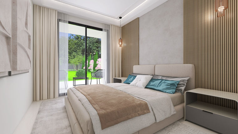 Modern minimalist bedroom design neutral warm tones, wooden wall panels