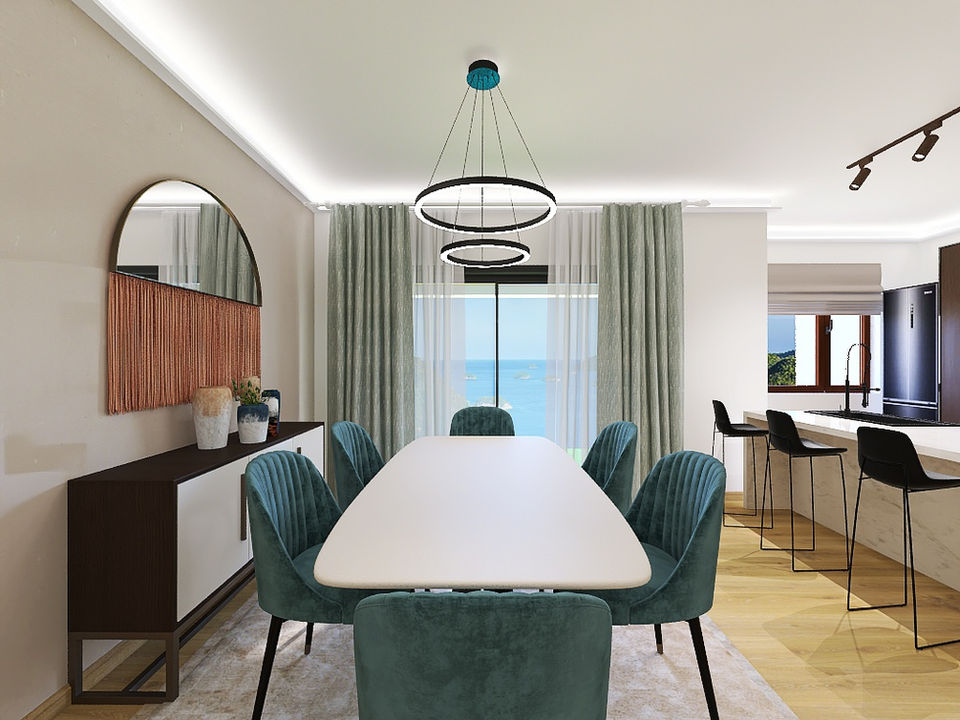 modern dining room with large white table and six green velvet luxurious chairs over table hanging chandelier  mirror above console
