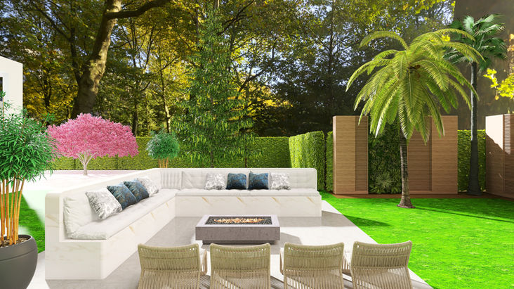 Luxury outdoor oasis seating area with fireplace marble seating palm trees