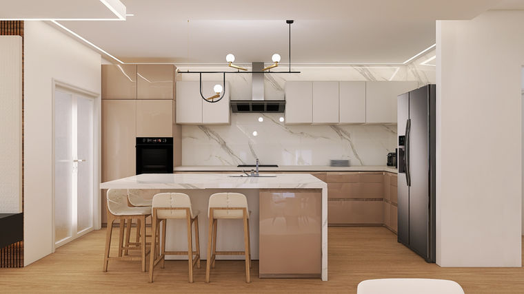 Modern elegant open space white marble kitchen with island in neutral tones and wooden barstools