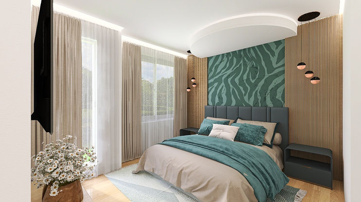 Modern minimalist bedroom design green neutral tones