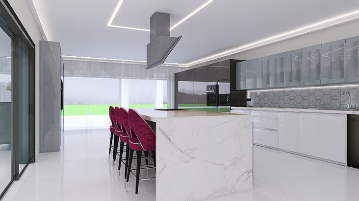 elegant modern luxury kitchen design white marble and colorful bar chairs at kitchen island