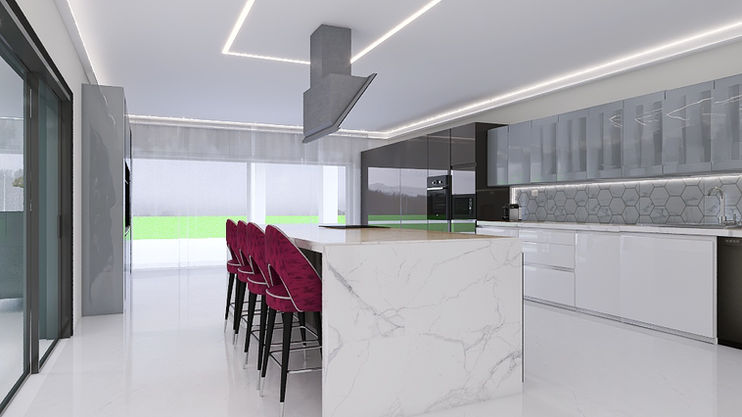 elegant modern luxury kitchen design white marble and colorful bar chairs at kitchen island