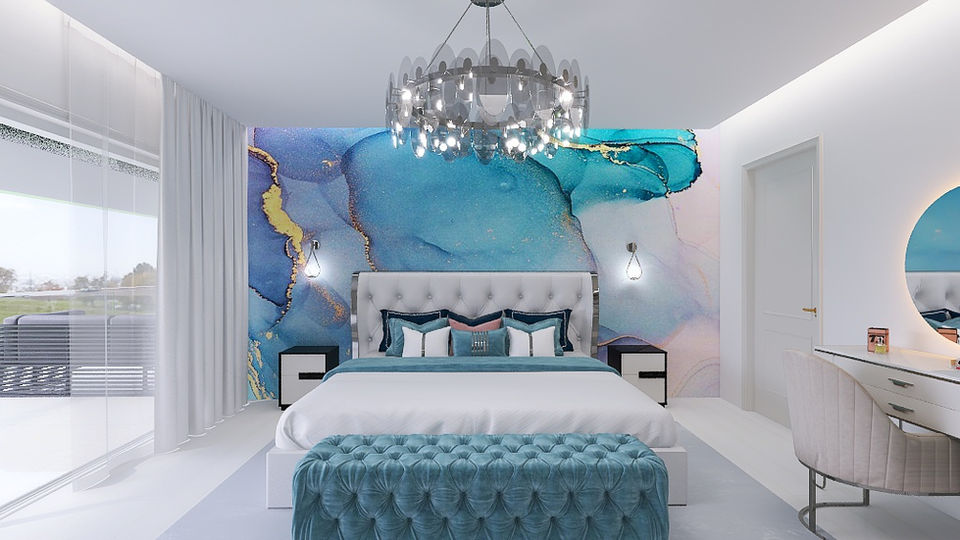 large luxurious modern bedroom light blue and green marble patterned wallpaper behind large luxurious diamond tufted bed in white leather light blue ottoman at beds leg white floor white vanity with mirrors