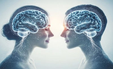 Illustration of two women facing each other in profile, with glowing, transparent brains and neural pathways overlaid on their heads.