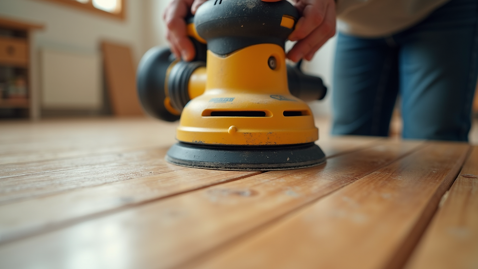 Close-up view of sanding machine smoothing a hardwood floor