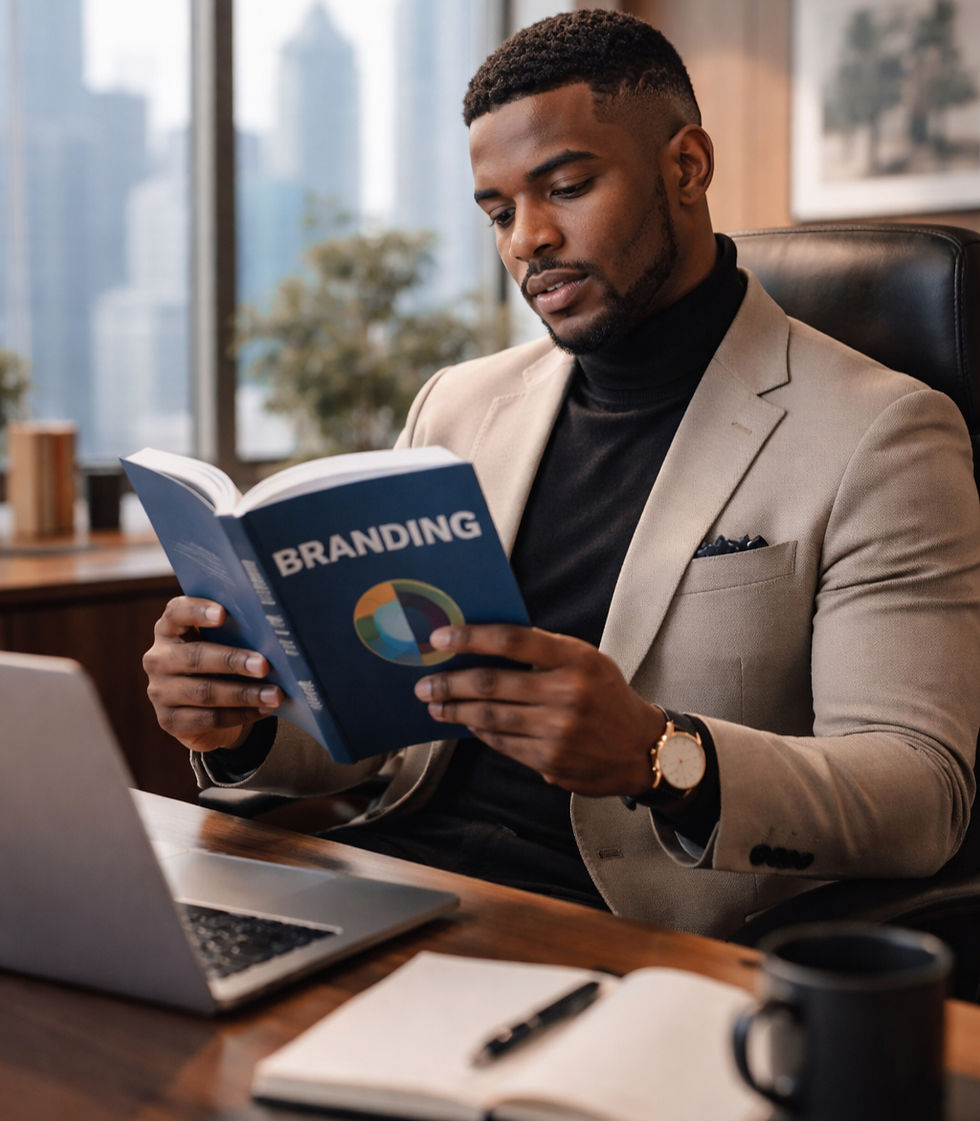 A startup executive reading a branding book