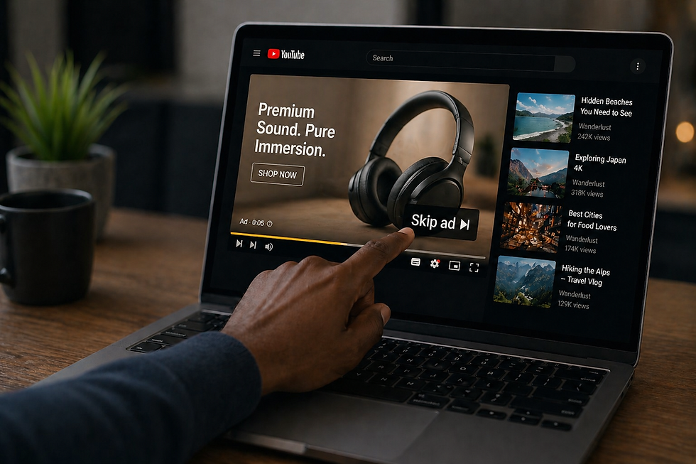 A YouTube viewer skipping an ad on a laptop