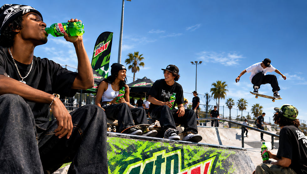 A group of Zoomers at a beverage sponsored skate park