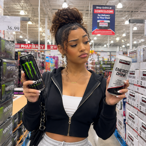 A woman in a shopping aisle of a grocery store considering a private label energy drink
