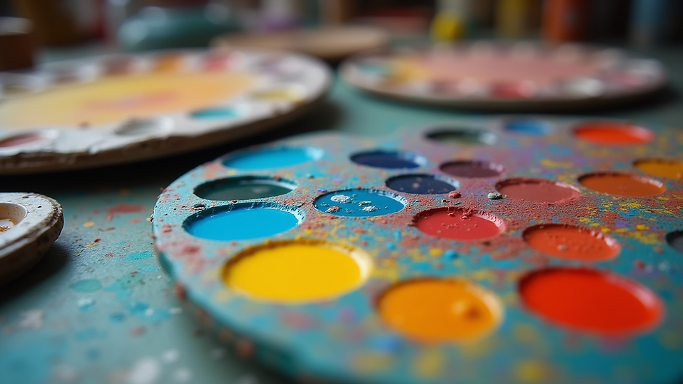 Close-up view of vibrant paint colors on a palette