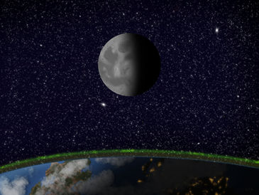 A crescent moon shines brightly in a starry night sky filled with countless twinkling stars. Below, the curved edge of Earth is visible, glowing with a green aurora. The planet’s surface shows clouds, landmasses, and scattered city lights in the darkness.