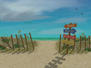 Digital painting of a beachside landscape featuring a sandy pathway bordered by a rustic wooden fence and sparse greenery. A colorful signpost stands on the right side of the path with directional signs reading “BEACH,” “Margaritas,” “SAND BAR & GRILL,” and “Seashell Island.” The bright blue sky, flying birds, and calm turquoise ocean in the background evoke a sense of vacation, exploration, and tropical leisure.