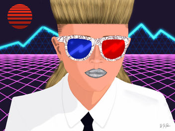 Stylized digital artwork of a person with a retro-futuristic look, featuring 3D-style sunglasses, silver lips, and an 80s-inspired hairstyle. Set against a neon grid landscape with glowing mountains and a striped red sun, the image evokes synthwave aesthetics and vintage sci-fi fashion.
